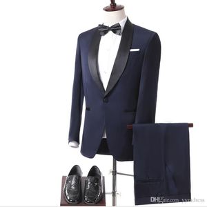 2019 Nowy Dark Blue Formalne Tuxedos Garnitury Szal Kapel Mężczyźni Wedding Garnitur Slim Fit Business Groom Set Set Kurtka spodnie łuk
