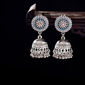 ingrosso indian silver earrings-Monili etnici del fiore della cavità turco Jhumka orecchini per le donne Vintage indiano d argento di colore della Bell nappa Dangling orecchini