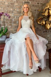Cute High Low Halter Wedding Dresses Gown For Women Organza Beaded Crystal Top A line Short Front Corset Bridal Gowns Long Lace