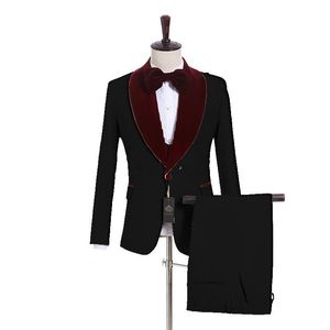 Czarny Biały Szampański Groom Tuxedos Burgundii Velvet Lapel Mens Ślubny Tuxedos Man Kurtka Blazer Piece Suit Kurtka Spodnie Kamizelka Kierunek