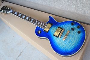 guitarra con incrustaciones azules al por mayor-Guitarra eléctrica azul personalizada de fábrica con chapa de arce de nubes hardware dorado incrustación de traste de bloque oferta personalizada