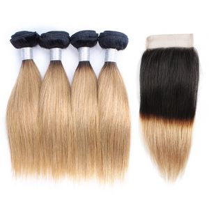 1B27 Ombre Honey Blonde Hair Bundles With Closure Dark Roots g Bundle Inch Bundles Brazilian Straight Human Hair Extensions