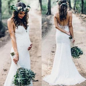 2019 Summer Mermaid Lace Wedding Dresses Spaghetti Straps Backless Sweep Train Garden Country Pregnant Bridal Gowns Plus Size