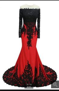 Wholesale hot cheap prom dresses resale online - 2019 real picture red chiffon lace appliques mermaid prom dress long sleeve off the shoulder sexy cheap evening party prom gowns hot sale