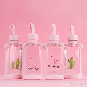 бутылки с водой для девочек
 оптовых-Flamingo Square Cup Pink Girl Glass Стеклянная Бутылка Вода Оригинальность Уплотнение Утечка Тумблер Предотвращение Утечки Любовь Симпатичные BTB1E1