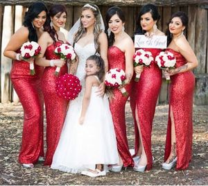 Gorgeous Red Sequined Bridesmaid Dresses Long Strapless Middle Split Sheath Designer Bridesmaid Party prom Dress Open Back Garden Spring