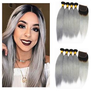 Ombre Human Hair Bundles with Closure Brazilian Virgin Hair Bundles with x4 Lace Clsoure Color B Gray inch