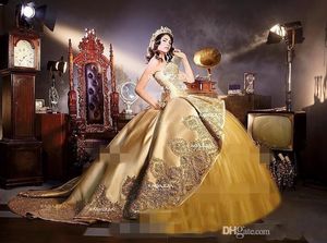 2020 guld broderiery applikationer gotiska quinceanera klänningar med avtagbar katedral tåg söt födelsedagsfest pageant masquerad klänning
