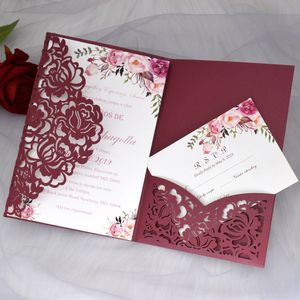 Cordialt inbjudande Marsala Flowr Print Bröllop Inbjudningar Rose Laser Cut Inbjudningskort med RSVP för Bridal Shower Quinceanera Inbjudningar
