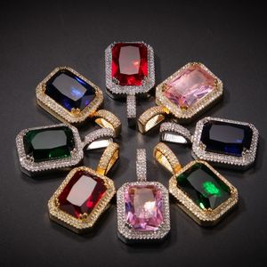 Iced Cubic Zirconia Pink Blue Green Red Square Stone Ruby Pendant Necklace For Men Women Hip hop Jewelry