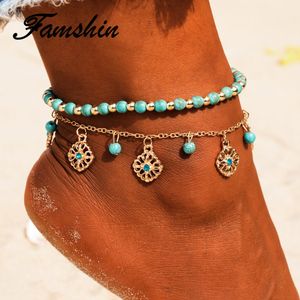 Famshin Bohemia Hollow Blue Flowers Foot Jewelry Podwójne Koraliki Letnie Plażowe Anklety Turecka Kostka Bransoletka Dla Kobiet Anklet