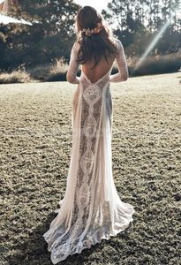 Vintag jurken jurken kant backless boho strand bruiloft lange mouw naakt voering land bohemien hippie zigeuner bruid