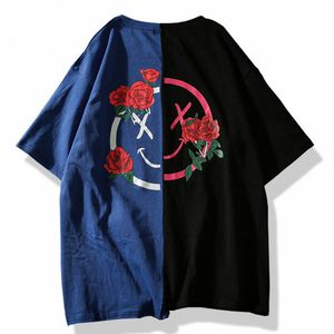 футболка с контрастным рукавом
 оптовых-Мужские футболки мужские модные уличные одежды цветок печатные тройники контрастные цвета лоскутное лето с коротким рукавом мужские хип хоп вершины