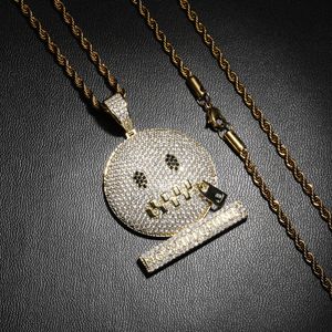 Iced Out Round Face Character Zipper Mouth Cubic Zircon Pendant Necklace Gold Silver Color Hip Hop Jewelry For Men