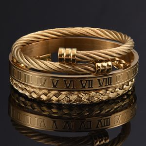 Wholesale copper charm bracelets for sale - Group buy 3pcs Set Roman Numeral Men Bracelet Handmade Stainless Steel Hemp Rope Buckle Open Bangles Pulseira Bileklik Luxury Jewelry