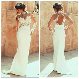 Wholesale floor lenght dresses resale online - Sexy High Colar Beading Wedding Gowns Cheap Floor Lenght Lace Appliques Backless Wedding Dress Garden Poet Long Sleeve Wedding Dress
