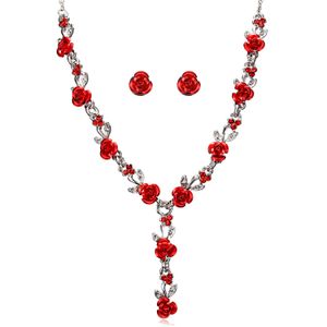 zarif takı aksesuarları toptan satış-Yeni Varış Pembe Kırmızı Gül Kolye Zarif Gümüş Çiçek Kolye Küpe Gelin Takı Seti Düğün Parti için Elbise Aksesuarları