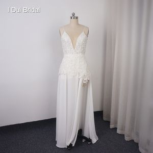 Spaghetti Strap Chiffon Wedding Dress Sexy Style Lace Appliqued Beaded Bridal Gown Sexy Split Leg
