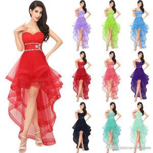 Echt beeld rode tule hoge lage homecoming jurken voor meisjes luxe kristal open rug jurk feest avondjurken