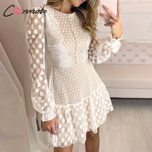 Casual jurken conmoto elegante witte mesh feestjurk vrouwen herfst winter korte vintage polka dot print kant plus size vrouwelijke vestidos