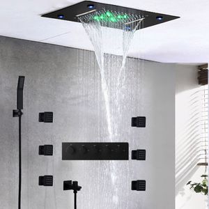 black waterfall shower set massage ceiling shower panel led thermostatic bath bathroom inch body jets rainfall hand shower kit