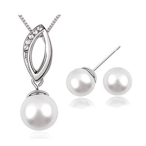 ingrosso set di gioielli perla collana e orecchini-Elegante collana di gioielli in argento per perla bianca da sposa elegante