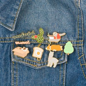 Enamel Brooches Dog Sloth Cat Alpaca Soft Cactus Tree Toast Lapel Pins Clothes Badge Cartoon Jewelry Gift For Friends Kids