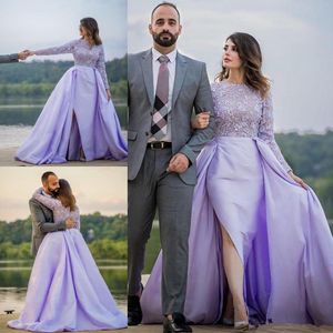 Wholesale lilac long formal dresses for sale - Group buy Lavender Lilac Mermaid Evening Formal Dresses with Detachable Train Lace Applique Stain Long Sleeve Arabic Dubai Occasion Prom Gown