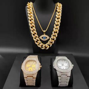 Wholesale ice crystals resale online - Hip Hop Men Necklace Gold Sliver Ice Out Cuban Crystal Miami Luxury Fashion Gold Watch Necklace Combo Jewerly Set For Men