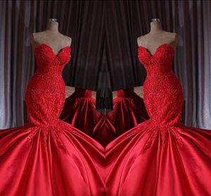 Luxury Dubai Red Beaded Mermaid Wedding Dresses Lace Crystal Trumpet Bridal Gowns Royal Train Sweetheart Robe De Mariee