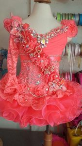 Prinsessan spädbarn flicka pageant klänning en axel spets kristall korall organza mini kort långärmad boll klänning små barn blomma flicka klänningar