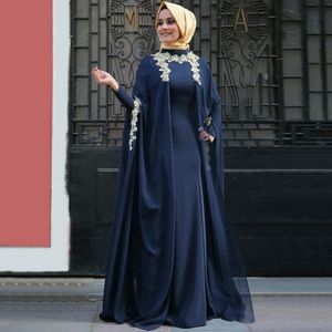 Mooie Arabische avondjurken jurken lange mouw een lijnvloer lengte marine chiffon met champagne kant Dubai Abaya India Muslim Kaftan