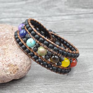 ingrosso wide beads-5 pezzi di onice opaco pietra lavica braccialetti di chakra yoga bracciali fatti a mano a fili perline bracciale largo arcobaleno boemia braccialetto avvolgente in pelle