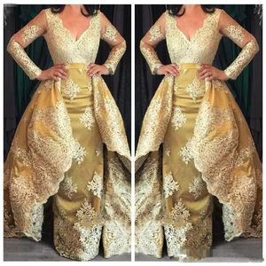 Wholesale arabian evening gowns resale online - Gold Deep V Neck Prom Dresses Lace Appliques Sheer Long Sleeves Sheath Evening Gowns Overskirts Style Saudi Arabia Women Party Dress