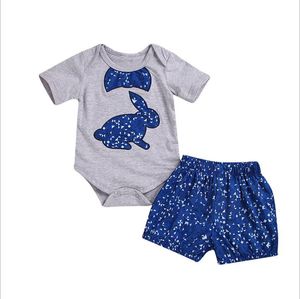 Pasen Baby Outfits Zuigeling Jongen Konijn Romper Blue Shorts Stks Sets Korte Mouw Pasgeboren Meisje Playsuits Boutique Toddler Kleding DW5002