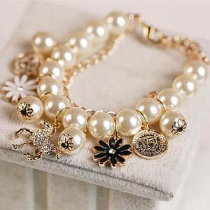 2019 New Korean Fashion Multilayer Simulated Pearl Beaded Bracelet Crystal Horse Flower Charm Bangle Bracelets For Women Jewelry