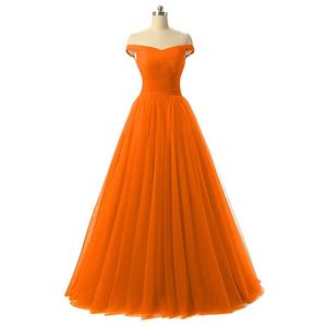 Nyanlända Orange Off The Shoulder A Line Long Bridesmaid Dresses Tulle Bröllop Guest Maid of Honor Dresses Real Image
