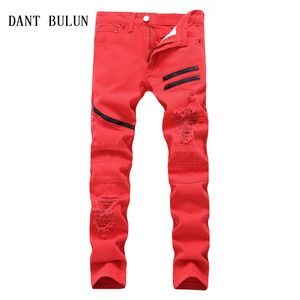 uzun beyaz kot toptan satış-Erkekler Jeans Düz Casual Jeans Moda Tasarımı İnce Esneklik Erkekler Pantolon Fermuar Beyaz Kırmızı Siyah Uzun Pantolon TS009