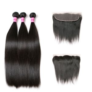 Malaysian Straight Hair X4 Lace Frontal Bundles Remy Human Hairs Bundles With Closure Free Part Natural Jet Black