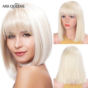 негры трахают блондинку
 оптовых-AISI Queens Синтетические парики с челкой прямой блондинки короткий натуральный боб парик для черных белых женщин высокотемпературное волокно