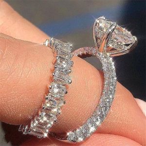 Cocktail Luxury Jewelry Couple Rings Sterling Silver Princess Cut White Topaz Moissanite Diamond Party Women Wedding Bridal Ring Set