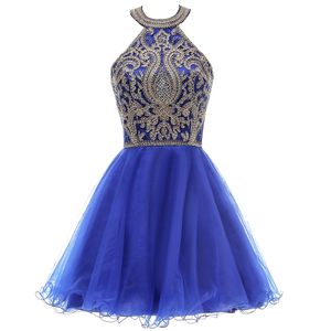Halter Juniors Cocktail Party Dresses Royal Blue Gold Lace Appliques Homecoming Dresses Short Sweet Prom Dresses