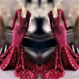 Burgundia Mermaid Prom Dresses Lace Aplikacje Długie Rękawy Suknie Wieczorowe Rose Flower Sweep Pociąg Formalna Dress Custom