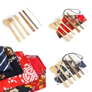 Wholesale eco dinnerware for sale - Group buy Eco Friendly Bamboo Flatware Kit Portable Straw Knife Fork Spoon Dinnerware Suit With Cloth Bag A Set zr UU