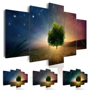 Fashion Wall Art Canvas Painting Pieces Grey Green Blue Starry sky Landscape Tree Modern Home Decoration No Frame