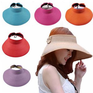 floppy brim toptan satış-Boho Hasır Şapka Kadınlar Büyük Floppy Siperlik Hat Katlanabilir Yaz Beach Tatil Geniş Brim Şapka Bow Güneş HHA1317 Caps