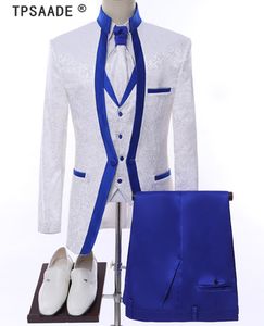 White Royal Blue Rim Stage Kleding voor Mannen Pak Set Mens Bruiloft Pakken Kostuum Bruidegom Tuxedo Formeel Jas Broek Vest Tie