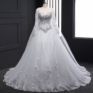 White Ivory Crystals Rhinestones Bling Wedding Dress Long Sleeve Sweetheart A Line Bridal Gowns With Watteau Train Custom Size Dress
