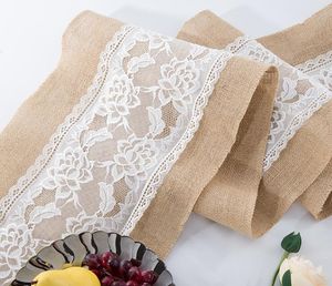 Linen Lace Table Runner Vintage Burlap Cloths Natural Jute Country for Party Wedding Decoration