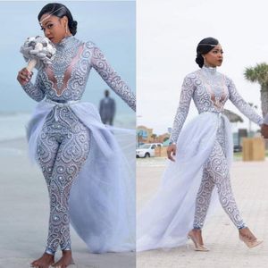 Plus Size Jumpsuits Wedding Dresses Bridal Gowns High Neck Beading Long Sleeve Bride Wear With Detachable Train